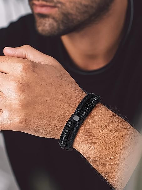 Bandmax Lederarmband Männer Personalisiertes Armband Mikrofaser-Leder Flechtarmband Wickelarmband mit Magnet Verschluss Armschmuck Accessoire Armbandlänge 19 CM/21 CM/23 CM