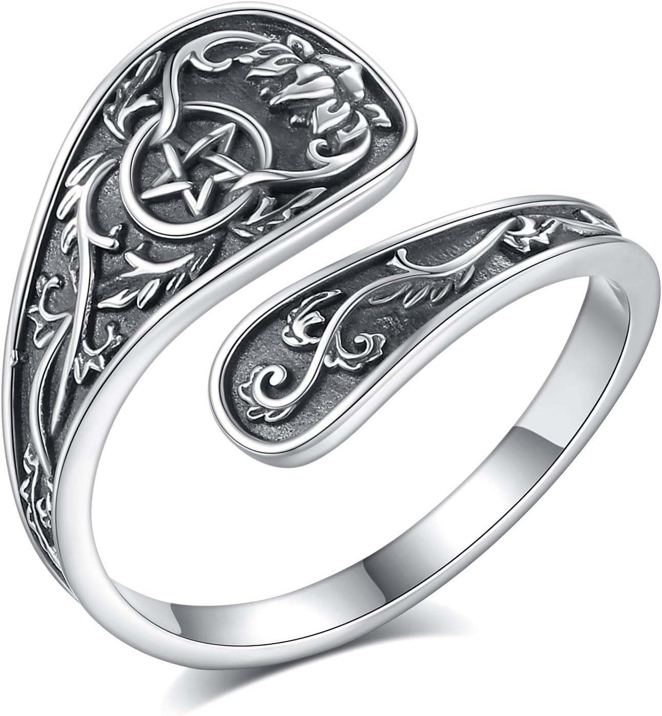 AEONSLOVE Schlange Ring Silber 925 für Damen, Lebensbaum Verstellbarer Ring für Frauen, Offener Ringe Vintage mit Blatt/Hexenknoten/Keltischer Knoten